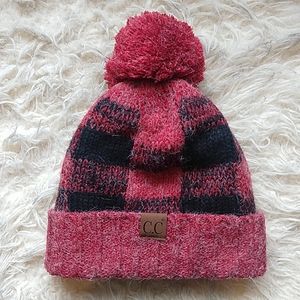 C.C. Red and Black Checkered Winter Hat Gingham Plaid Fleece Lined